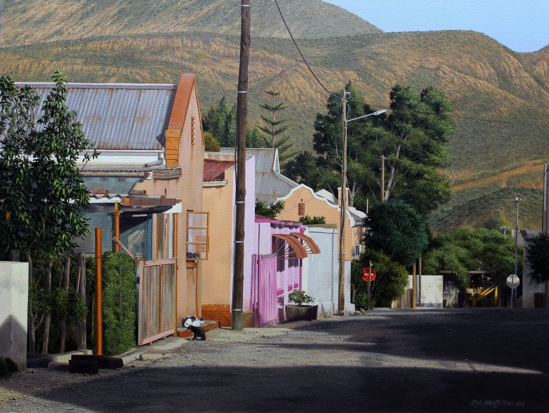 Photorealistic painting of an urban street set in rugged hills
