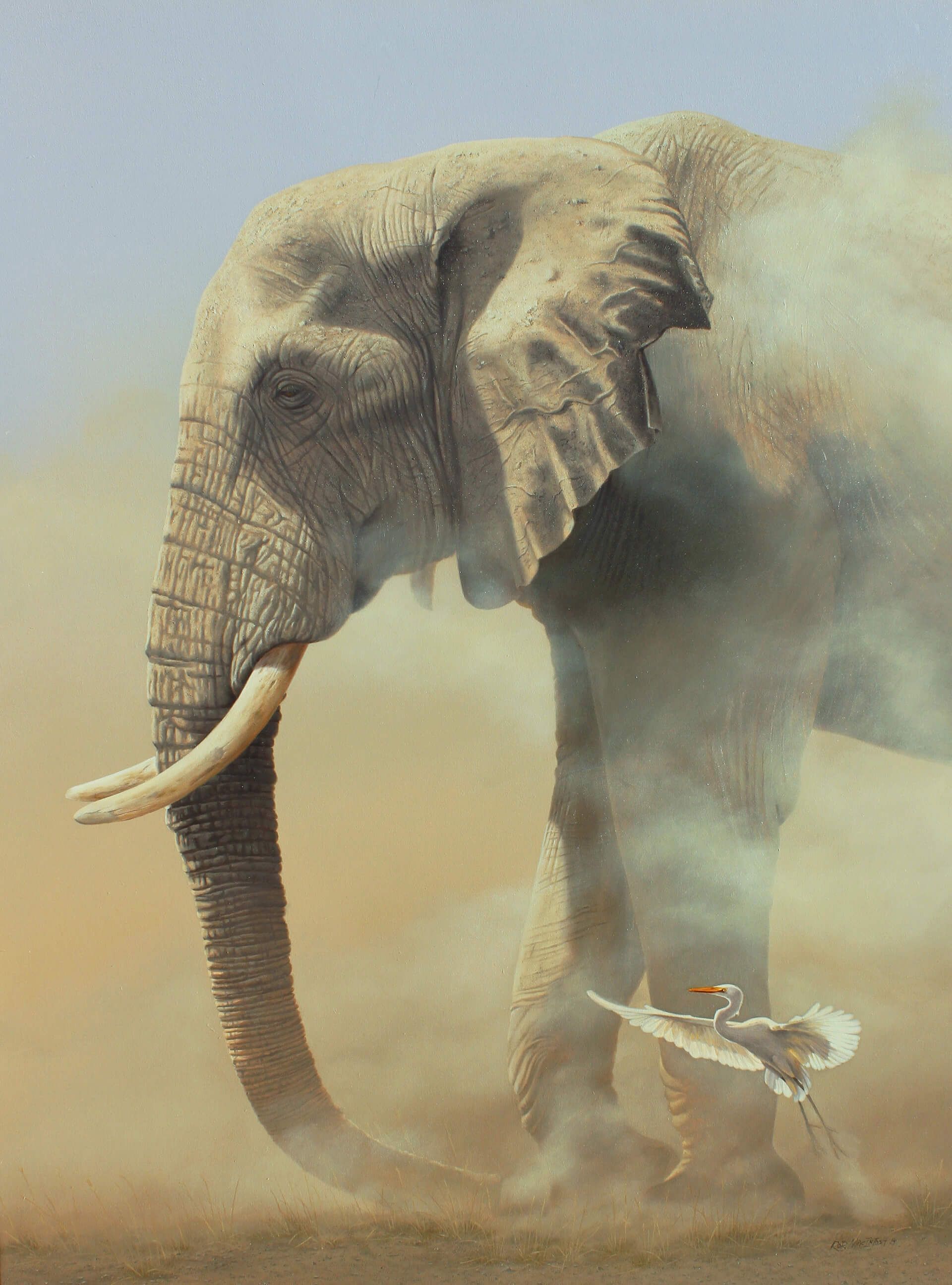 Photorealistic painting of an elephant walking through dust