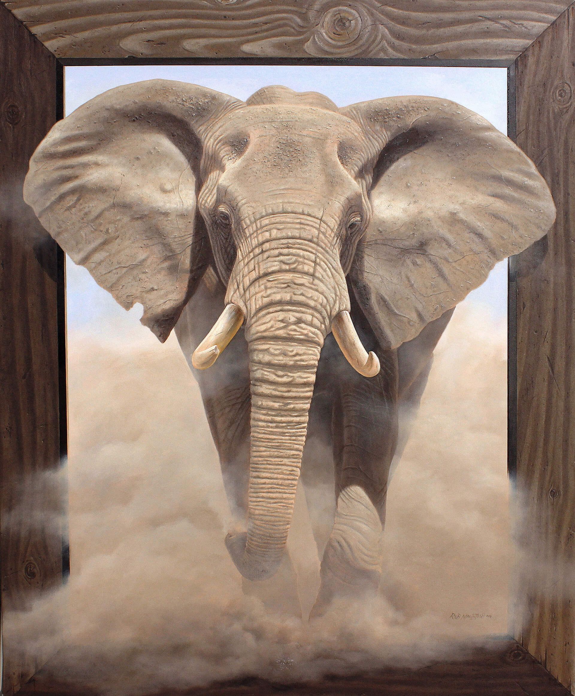 Photorealistic painting of an elephant walking through dust towards viewer
