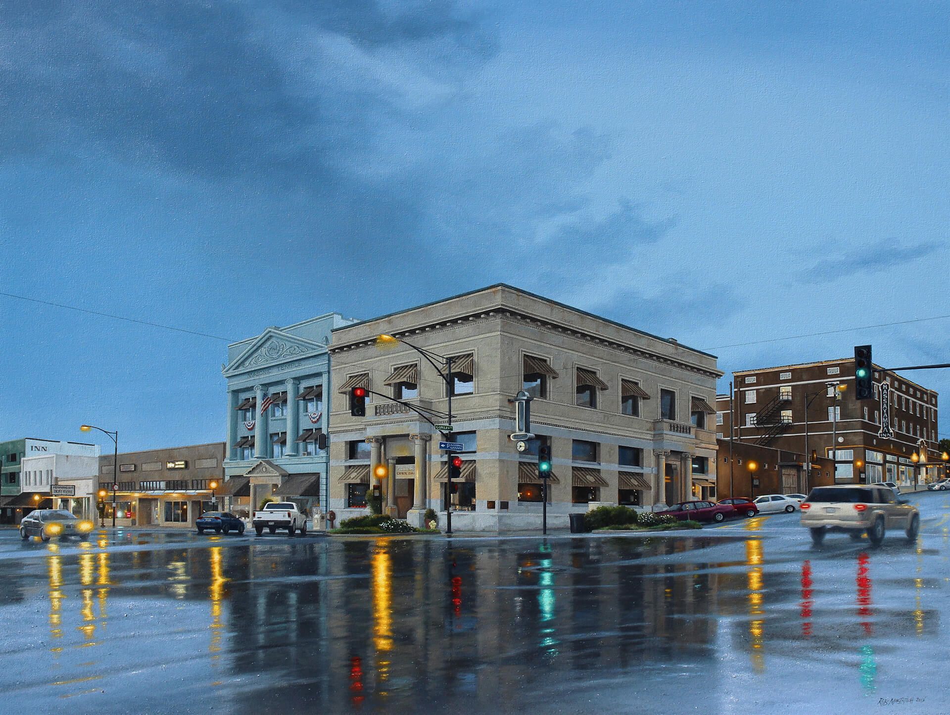 Photorealistic painting of a rainy day in Prescott Arizona