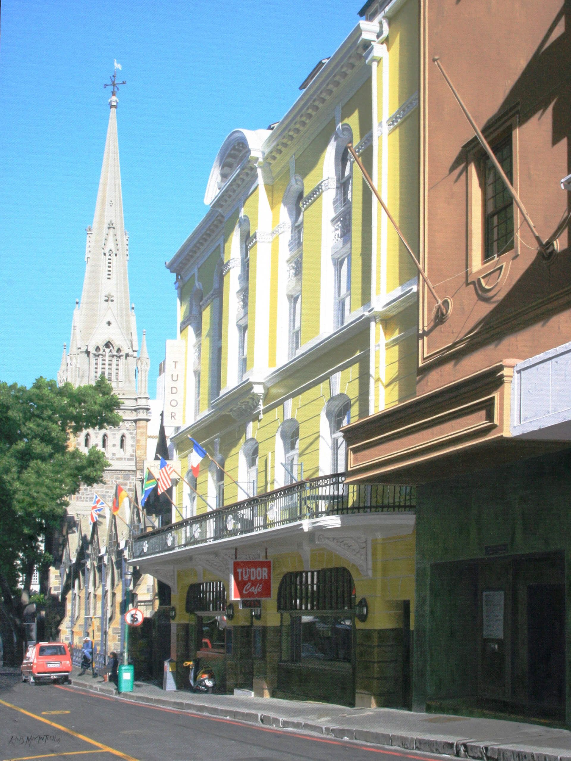 Photorealistic painting of Tudor Hotel on Long Market Street in Cape Town