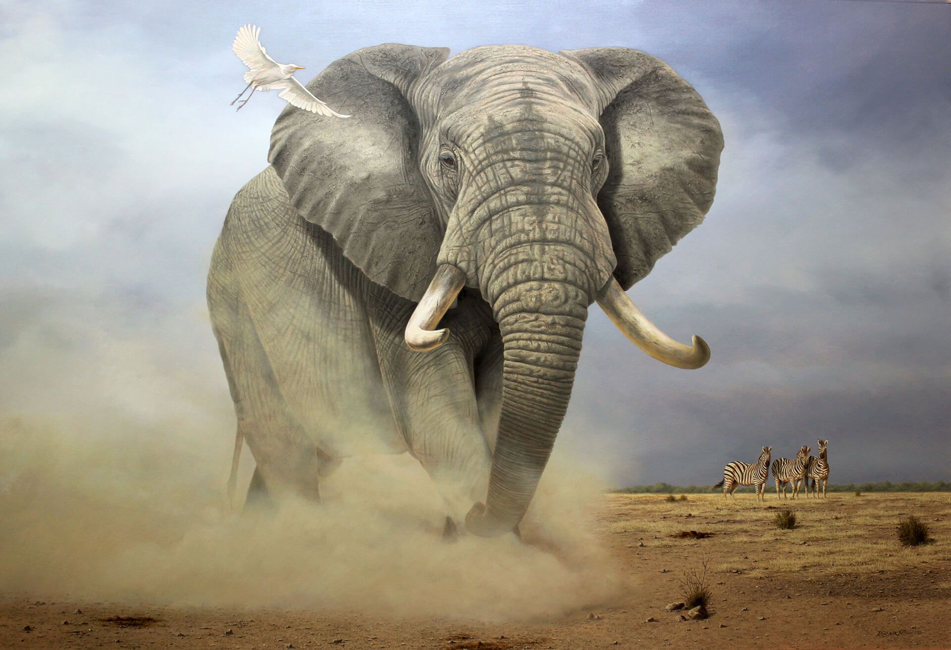 Photorealistic painting of an elephant charging through dust